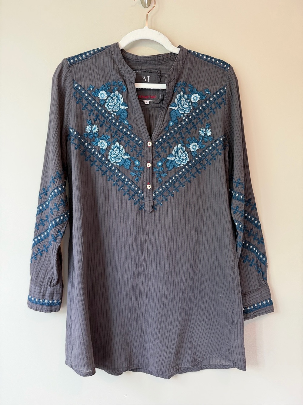 Johnny Was 3J Charcoal Blue Floral Embroidered Gauze Tunic Boho Western Sz S